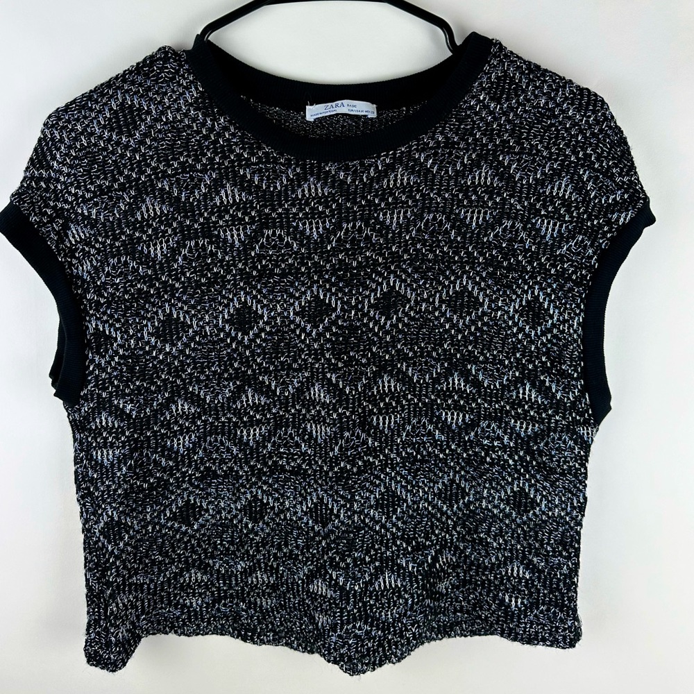 ZARA womens black silver metallic woven crew neck cap sleeve crop top